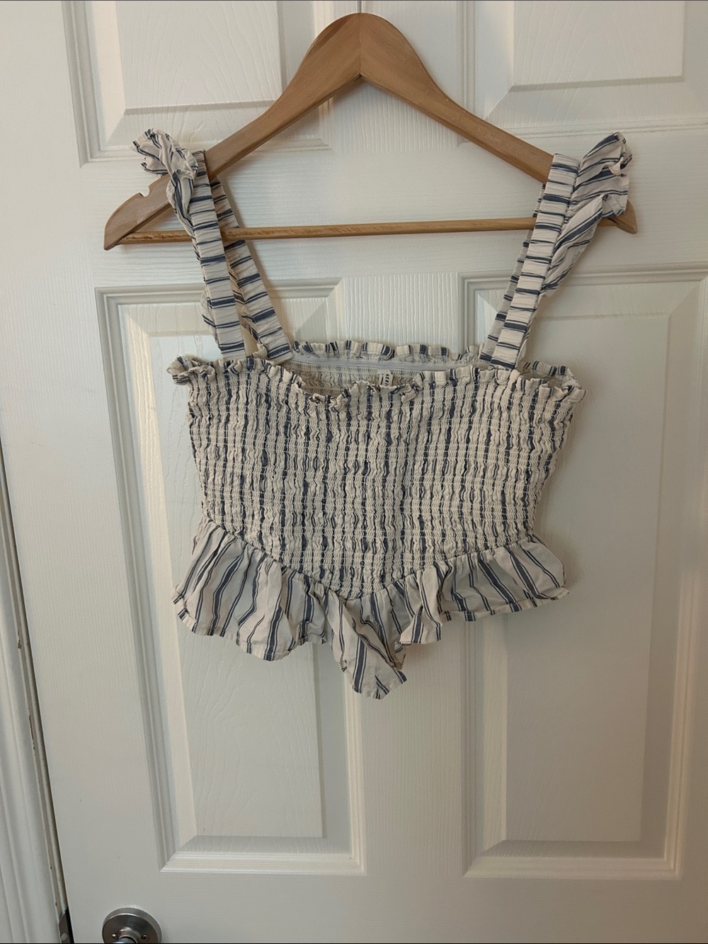 American Eagle Outfitters White and Blue Striped Smocked Tank Top